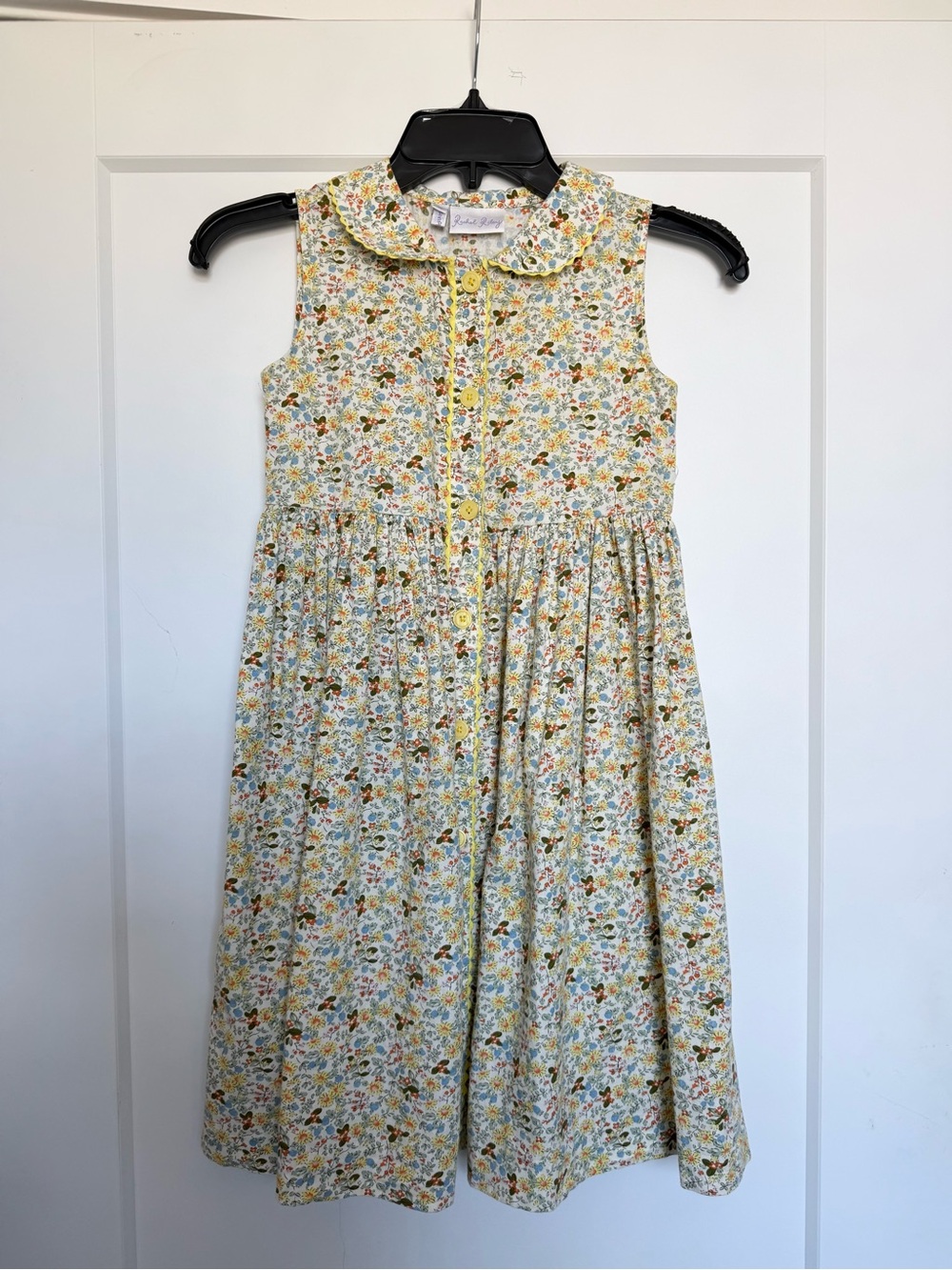Rachel Riley London Girls Yellow Floral Button-Front Dress with Peter Pan Collar
